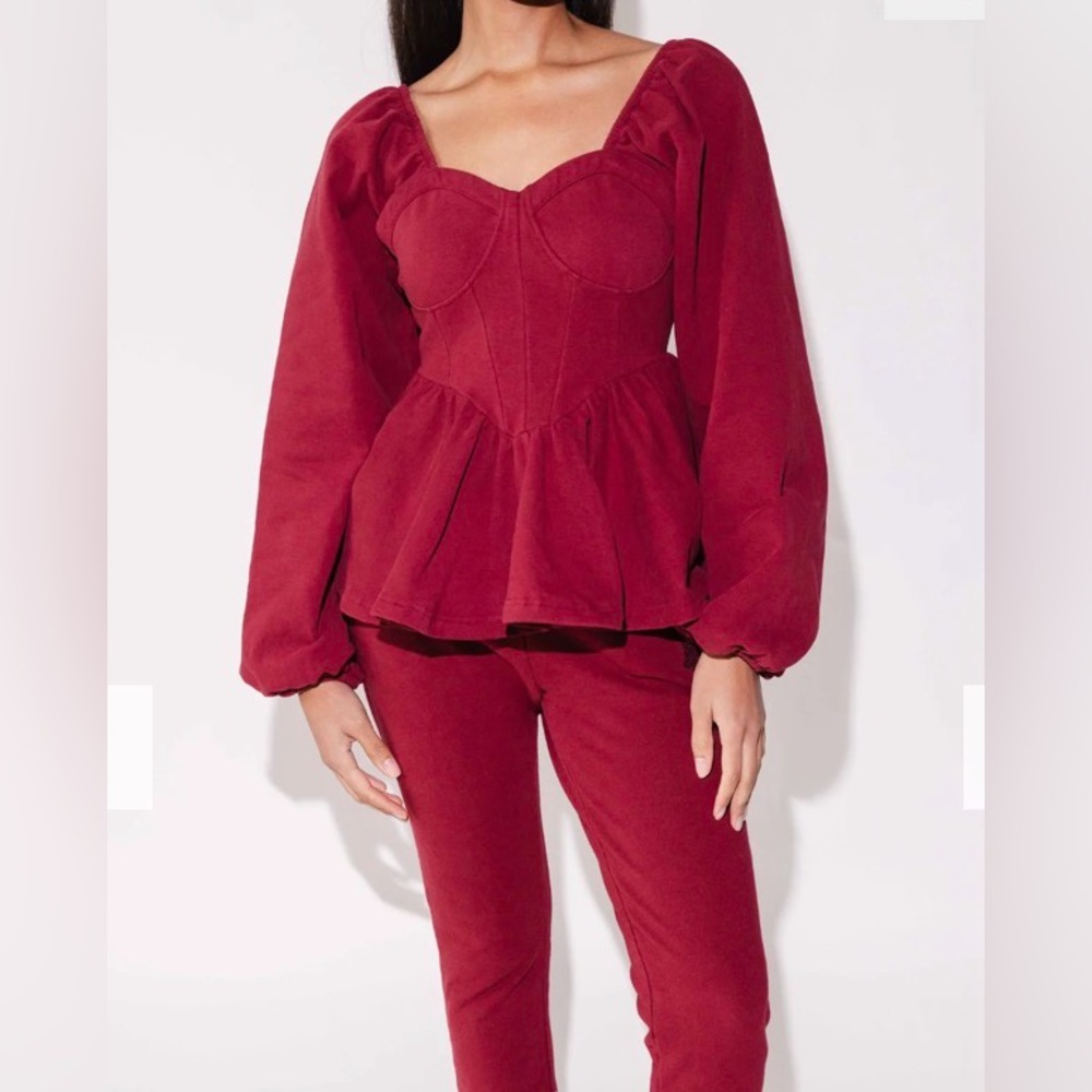 Fancy Homebody Cozy Flight Peplum Top - Oxnard (Dark Red-almost rust) - M